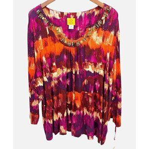 Ruby Rd Top Women Sz 3X Purple Orange 3/4 Sleeve Rhinestone Embellished Soft NEW